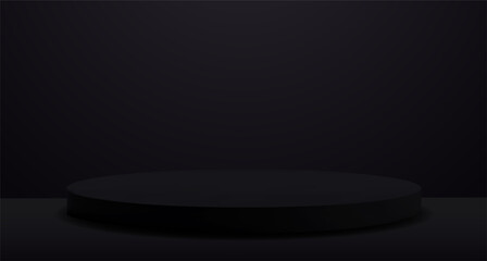 Black colored studio with product podium. Vector design template. Empty room with soft gradient light. Minimal style