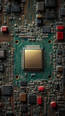 Close-up of an illuminated CPU on a circuit board with traces and components