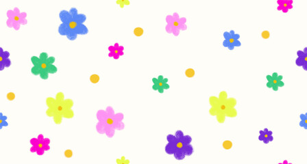 Childish crayon drawing style. Vector floral seamless pattern. Bright colorful chalk painted flowers on white background. 