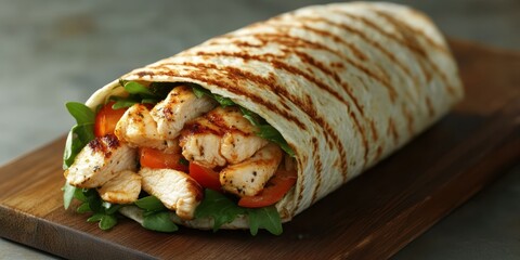 Grilled chicken wrap filled with fresh vegetables served on a wooden board