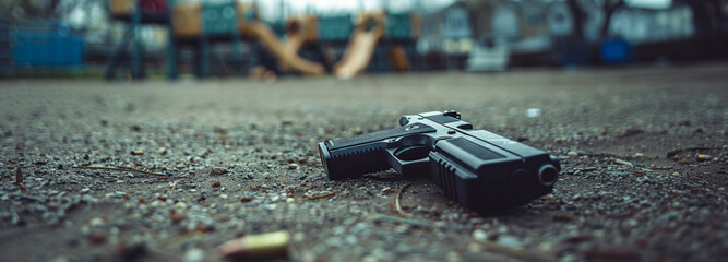 low angled shot of gun and ammo on the floor of a school playground, school shooting, active shooter concept