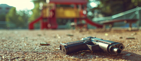 low angled shot of gun and ammo on the floor of a school playground, school shooting, active shooter concept