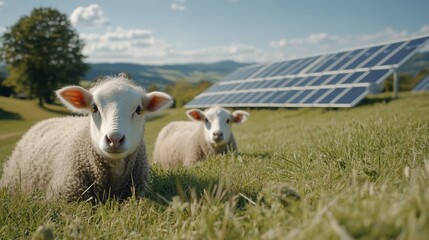 Fototapeta premium Lambs graze near solar panels, hills