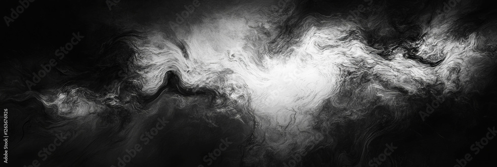 Poster mottled black and white texture with blurred swirling patterns creating a diffused visual effect