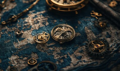 Naklejka premium Close-up of vintage watch gears and mechanisms, placed on a textured surface for an intricate steampunk-inspired theme