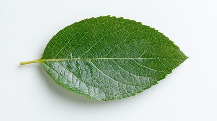 Obraz premium Single green leaf on white background; botany study
