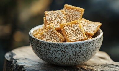 Crispy sesame squares served in a ceramic bowl, their golden tones paired with the perfect crunch for a satisfying snack