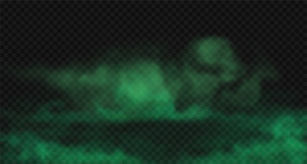 Vector realistic stinky, toxic, bad smelling steam cloud on the ground. Green poison, chemical stench vapour, haze or smoke isolated on black transparent backdrop
