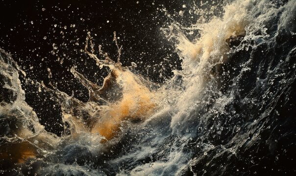 Dynamic splashes of water captured mid-motion against a dark background, dramatic lighting emphasizing energy and movement