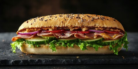Delicious sub sandwich with fresh ingredients served on a dark stone plate