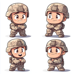 Naklejka premium Chibi Soldier Adventure: Cute Cartoon Warriors in Playful Military Fun