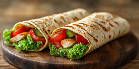 Delicious wraps filled with fresh vegetables and grilled chicken on a wooden surface
