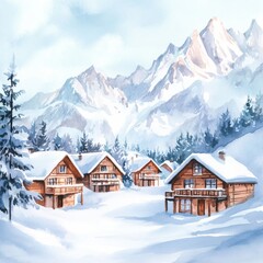 Fototapeta premium Snow covered wooden chalets nestled in the mountains during wintertime. Generative AI