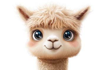  Cute alpaca face with big round eyes, fluffy beige fur, soft expression, cartoon-like adorable design, isolated on transparent background.