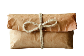  Brown paper package tied with twine bow, rustic wrapping, vintage gift presentation, eco-friendly packaging, isolated on transparent background.