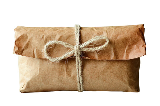  Brown paper package tied with twine bow, rustic wrapping, vintage gift presentation, eco-friendly packaging, isolated on transparent background.