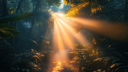 Obraz premium Sunlight path in a dense jungle. Possible use nature, wallpaper, screensaver