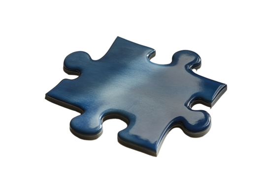  Single blue puzzle piece with smooth surface, glossy texture, curved edges, game element, isolated on transparent background.