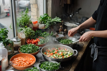 Obraz premium Fresh vegetables being prepared in a bustling kitchen near a city street during day