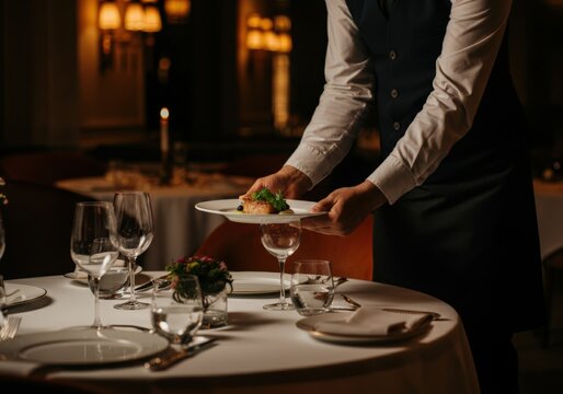 Elegant waiter serving a gourmet dish at a fine dining restaurant