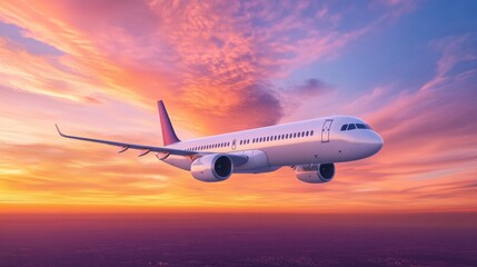 Obraz premium Airplane flying at sunset over the horizon with vibrant colors illuminating the sky. Generative AI