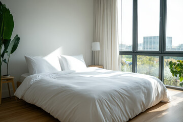 Cozy modern bedroom with natural light and city view in a contemporary apartment during daylight