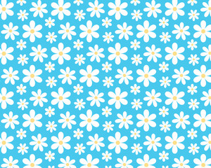 Pattern of white flowers on blue background. Simple flat illustration. Vector background.