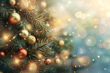 Close-up of Christmas tree with red balls and bokeh in the background. Neural network ai generated