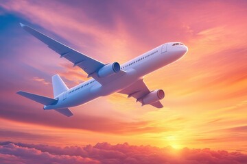 Bright orange and purple sunset sky with a plane taking off into the horizon against the colorful clouds. Generative AI