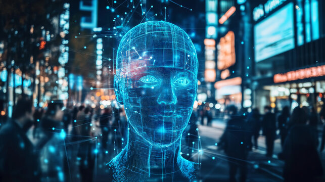 AI-powered face detection and recognition technology analyzing human data for enhanced citizen security, representing the future of artificial intelligence in urban safety