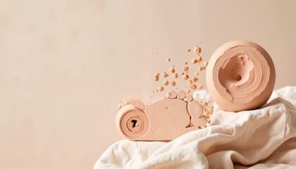 Artisan ceramic clay details displayed on fabric, minimalist elegance