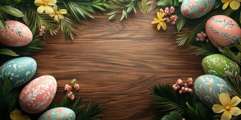 Colorful Easter eggs and fresh flowers arranged on a wooden background for spring celebration