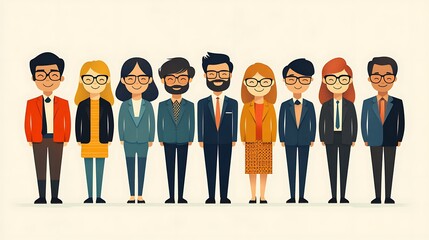Diverse business team of eight smiling professionals in formal attire standing in a row.