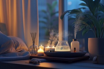 Fototapeta premium Tray of essential oils, diffusers, and scented candles arranged elegantly
