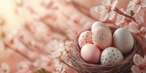 Fototapeta premium Celebrate spring with beautifully decorated eggs nestled in a natural nest surrounded by blooming flowers
