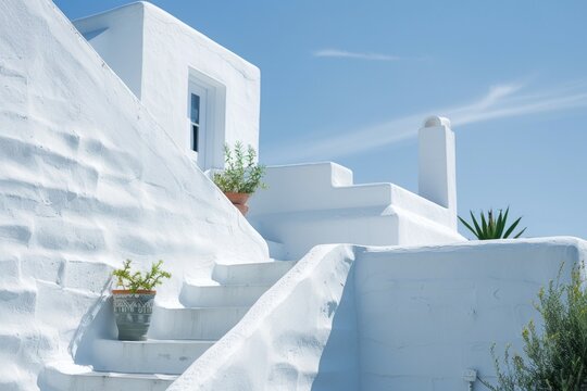 Minimal buildings background with traditional Greek style architecture. Low angle view of white houses against a blue clear summer sky. Neural network ai generated