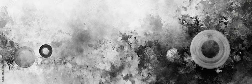 Poster grayscale texture featuring mottled patterns and scattered transparent circles in an abstract style