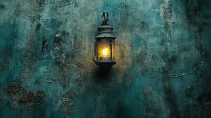 Antique lantern illuminating textured teal wall