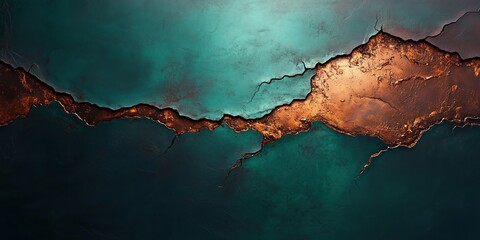 Abstract artwork featuring vibrant turquoise and copper tones with intricate textures and natural forms
