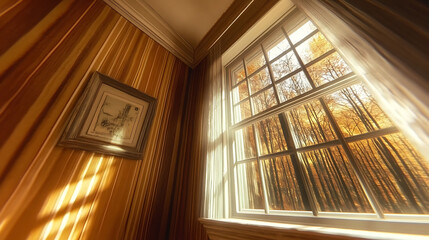 Sunlit autumnal forest view through a vintage window in a room with wood paneling and framed artwork. Ideal for home decor, travel, and nature themes.