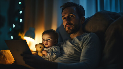 Obraz premium A father giving a serious work presentation on Zoom, while his toddler stands beside him in pajamas, holding a stuffed animal
