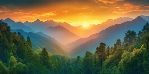 Obraz premium Majestic mountain peaks under a vibrant sunset, casting an amber glow over rugged terrains. Sunlight dances through crevices, painting the landscape with warmth and beauty