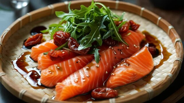 Fresh salmon sashimi with arugula and sundried tomatoes
