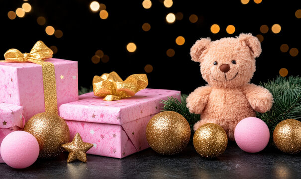 Cute teddy bear with pink gifts and gold ornaments on dark background, perfect for festive holiday celebrations and Christmas decorations.