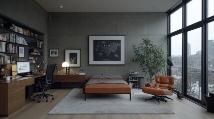 Fototapeta premium Modern loft workspace with comfortable seating and panoramic city views. Use Home office inspiration