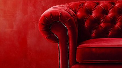 Fototapeta premium Close-up of a luxurious red velvet sofa with tufted design and nailhead trim.