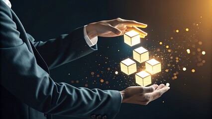 Blockchain Technology Concept: A businessman's hands gently cradle glowing, interconnected cubes, symbolizing the secure and decentralized nature of blockchain technology. The image evokes innovation.