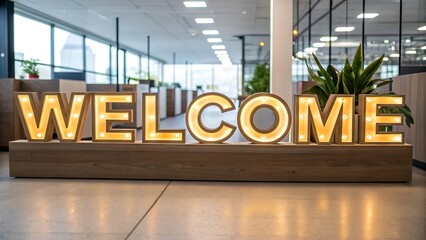 Illuminated Welcome Sign: A warm and inviting illuminated "WELCOME" sign in vintage-style lettering sits on a wooden base in a modern office setting, creating a welcoming atmosphere. 
