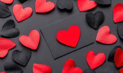 Arrangement of Red and Black Heart Shapes Surrounding a Central Red Heart on a Black Background for Romantic Themes or Valentine's Day Decorations