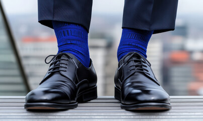 Elegant black dress shoes with vibrant blue socks worn by a businessman standing on a rooftop against a blurred cityscape background